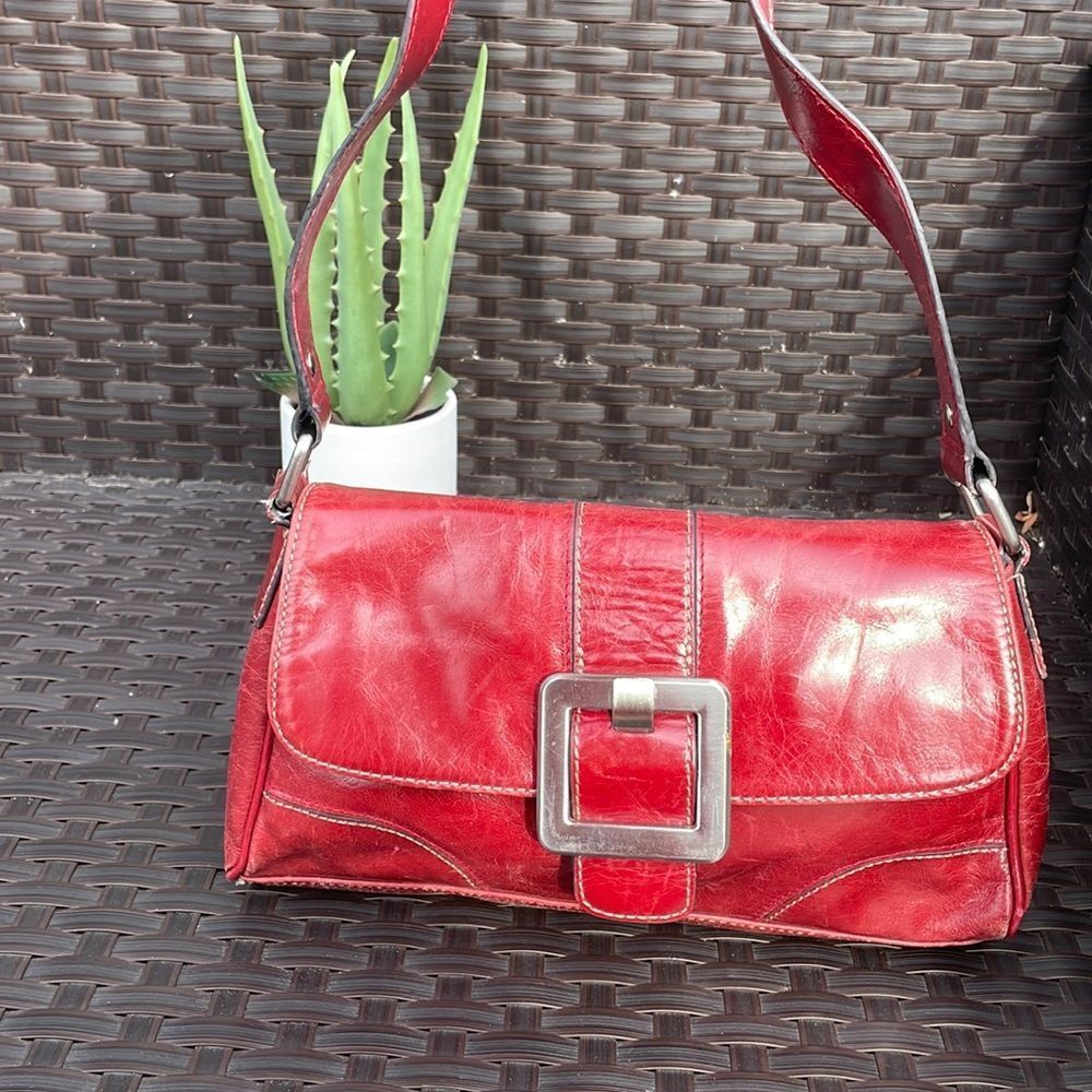 Relativity Red Leather Shoulder Bag with Silver Buckle